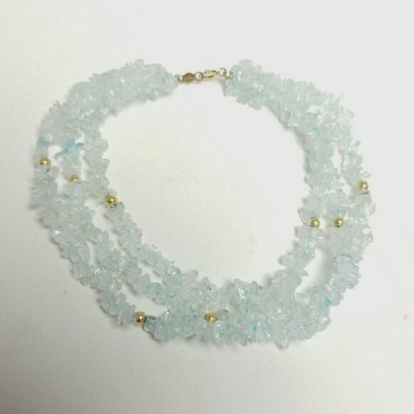 Vintage 14k Clasp Three Strand Light Blue Chip Stone Beaded Bracelet, Estate - Picture 5 of 6